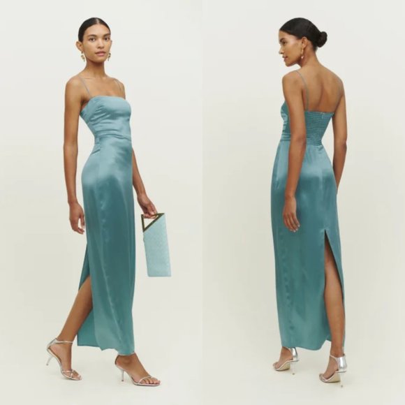Reformation Frankie Sleeveless Maxi Silk Dress Verdigris Center Back Slit 6 - Picture 2 of 9